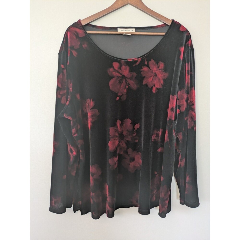 Notations Womens Velvet Top Black Red Floral Dark Romantic Whimsigoth Shimmer 1X